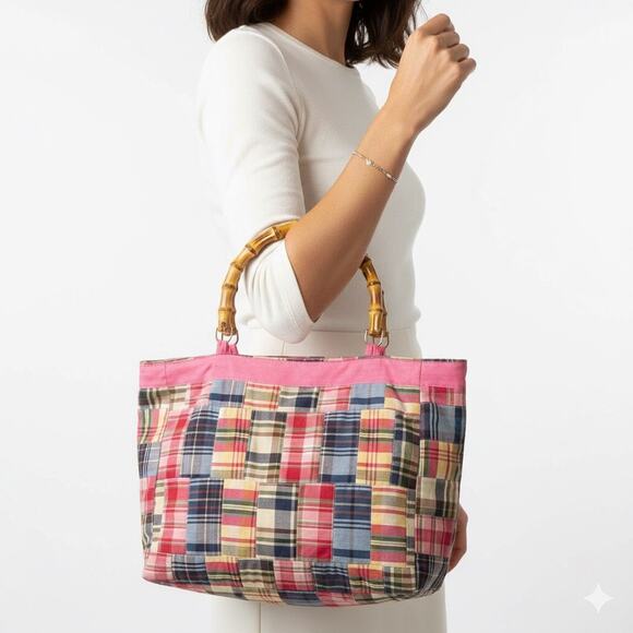 Molly B Patchwork Plaid Tote Bag Bamboo Handles Pink Trim - Picture 7 of 7